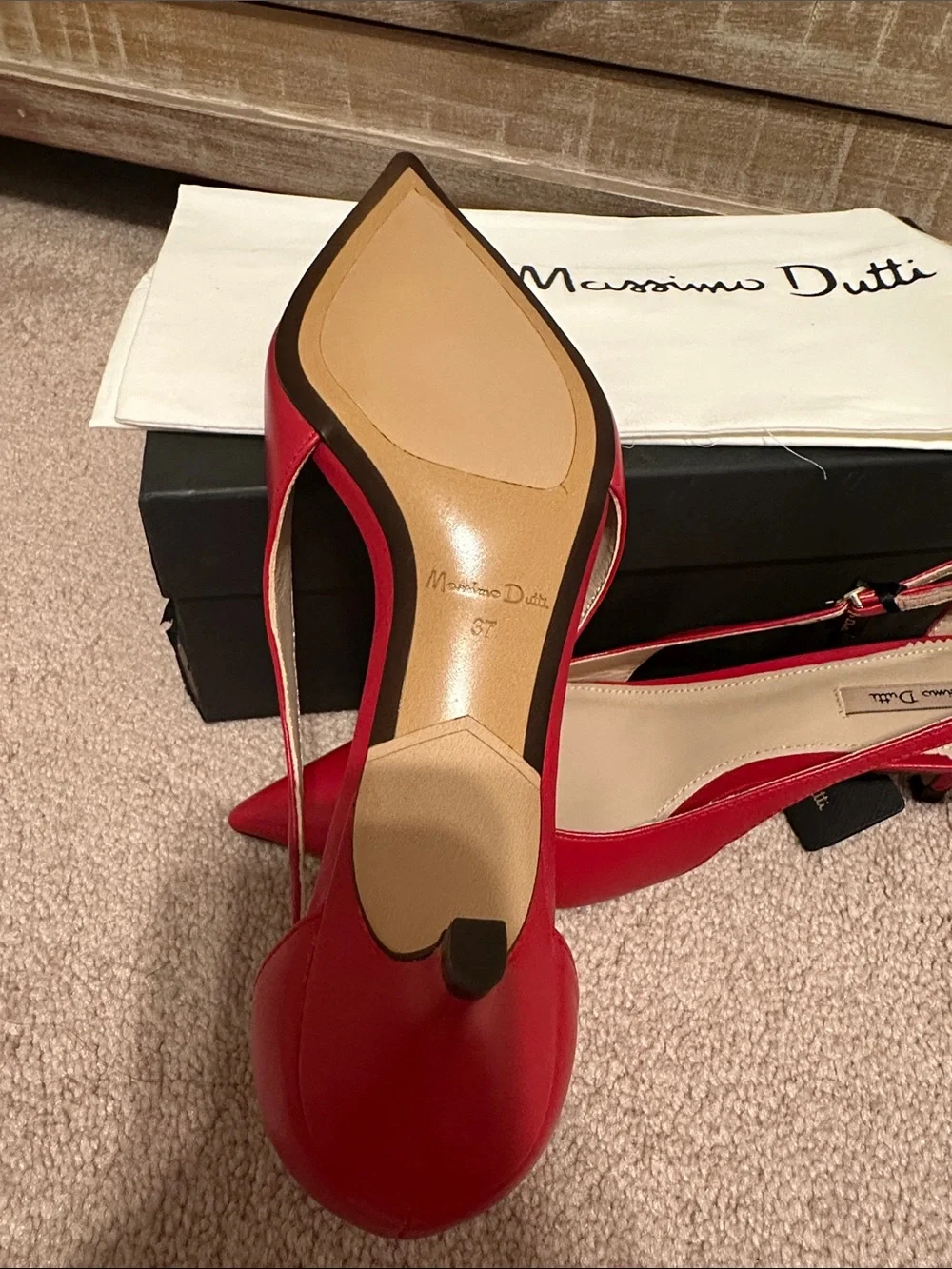 Massimo Dutti Red Leather Slingback Low Heel 37/6.5